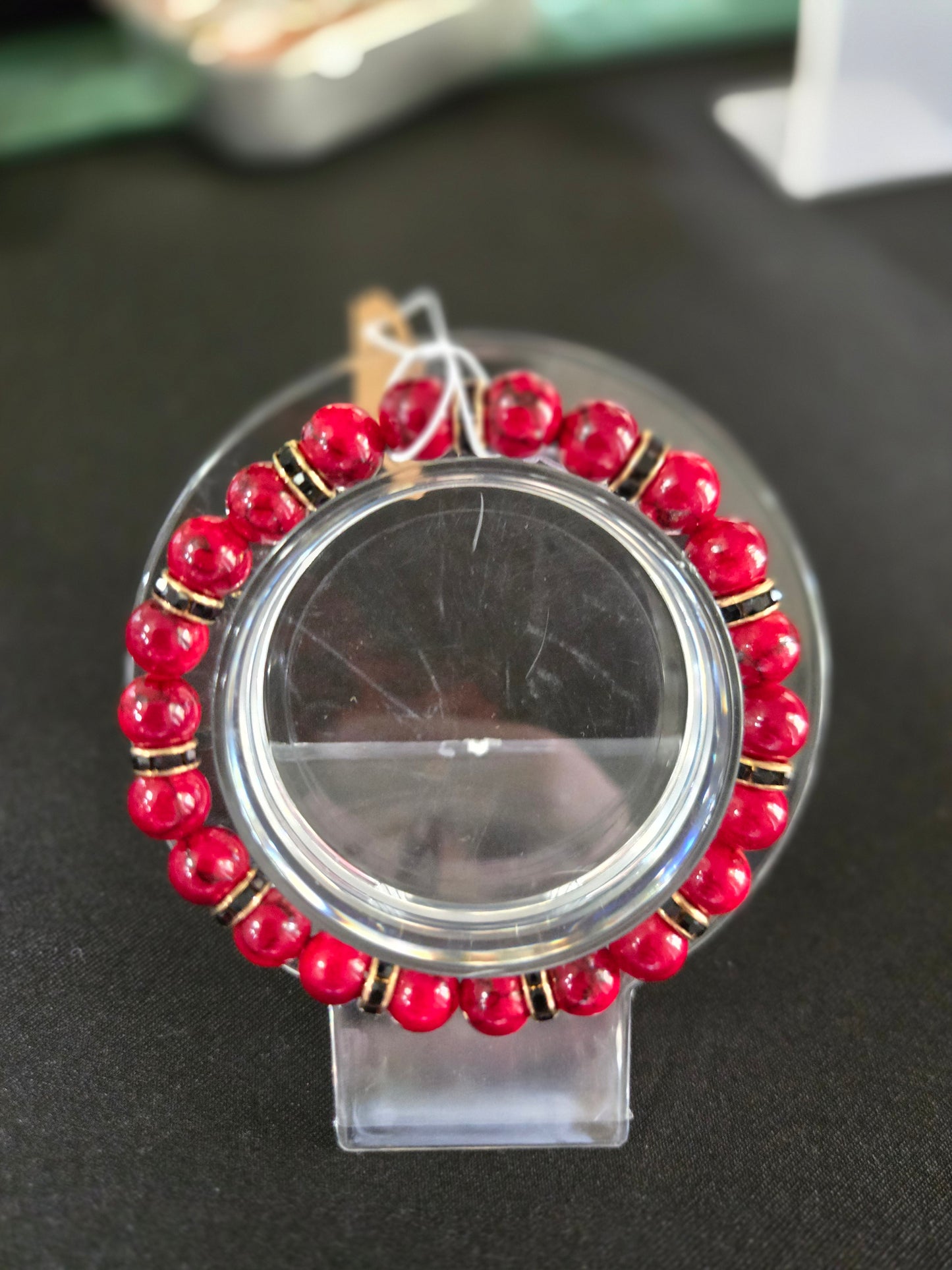 Crimson Glow Stretch Bracelet with Black Crystal Spacers