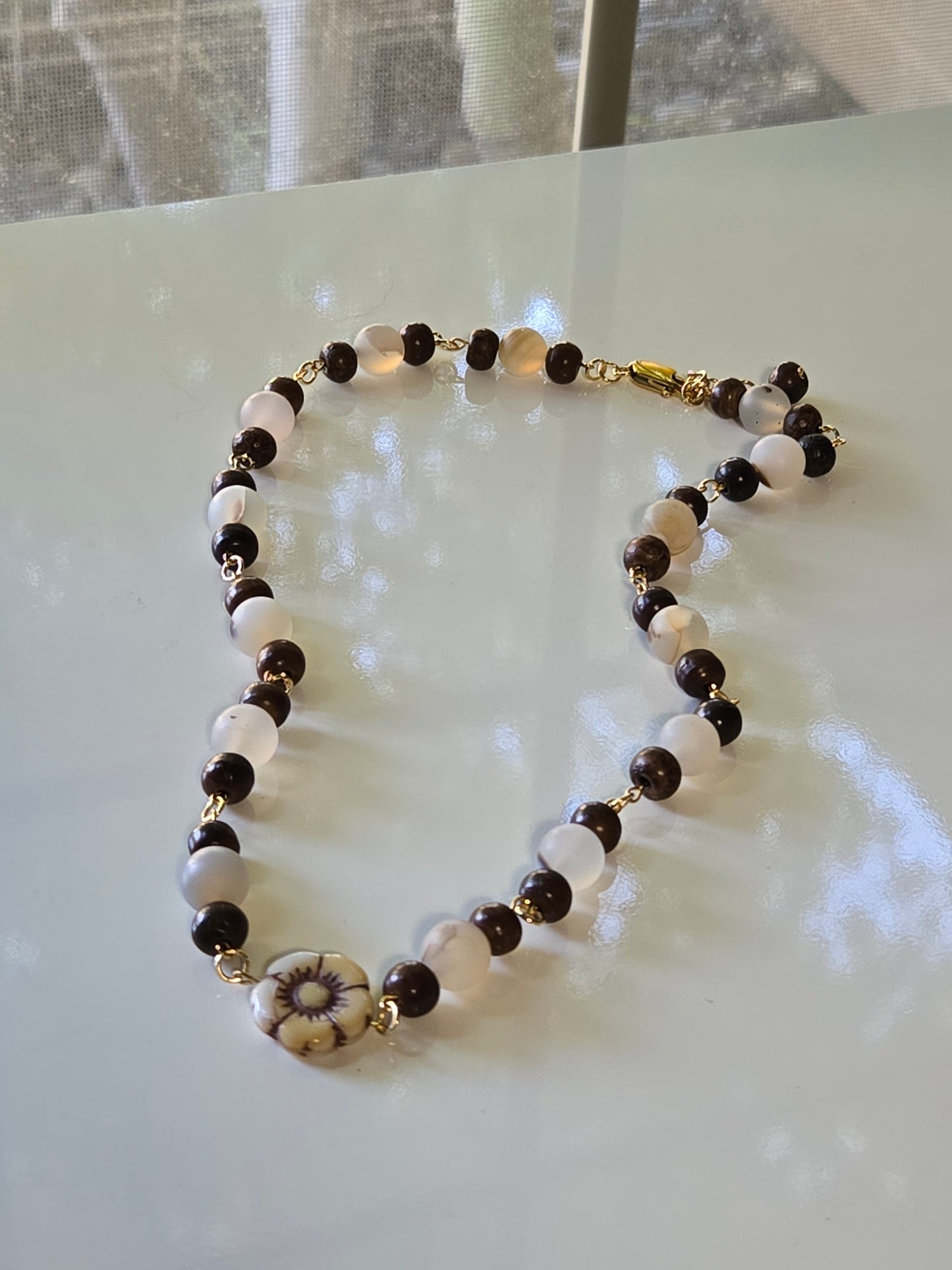 Golden Meadow Necklace — Frosted Agate & Wood Beads with Vintage Floral Centerpiece