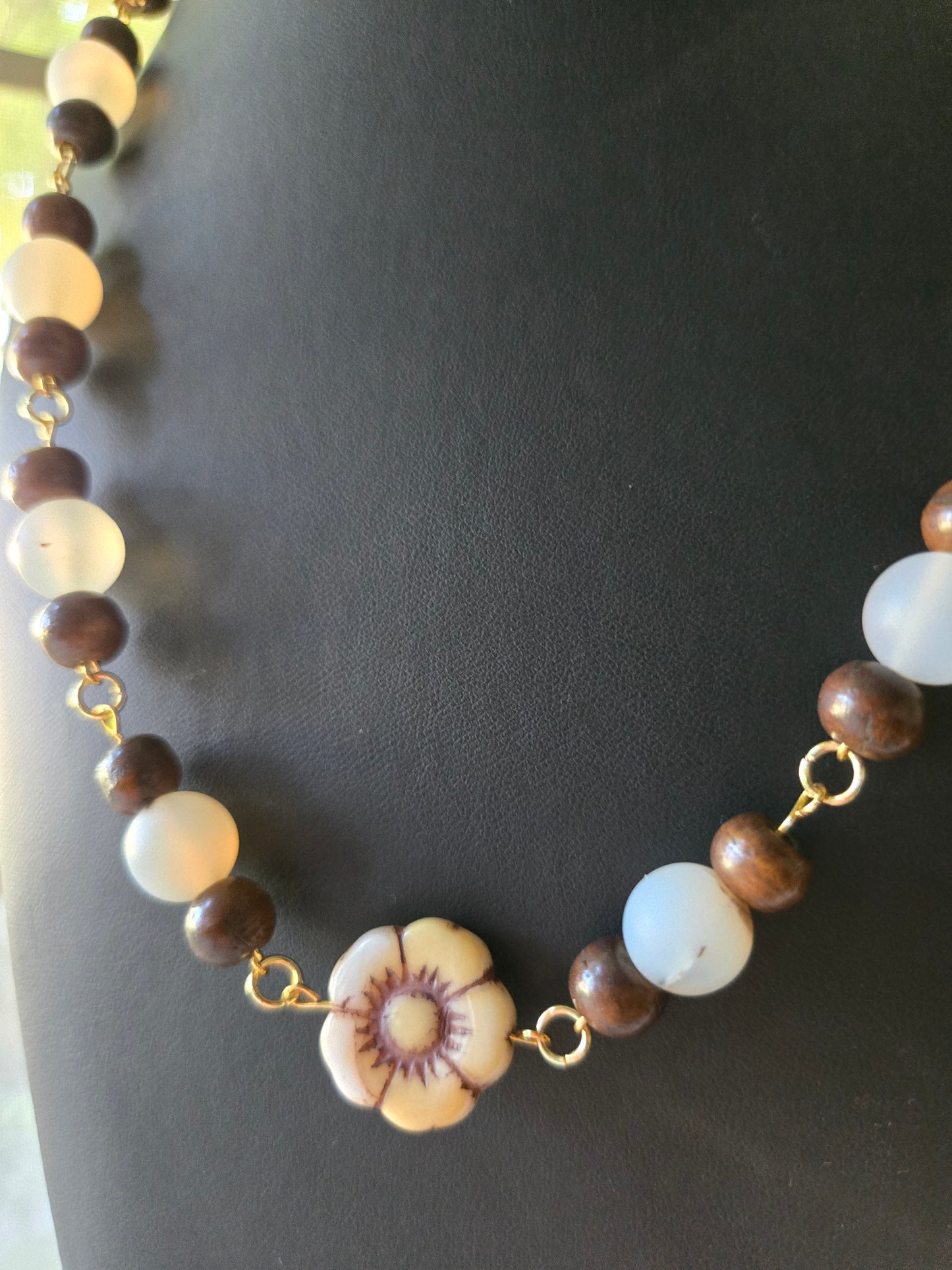 Golden Meadow Necklace — Frosted Agate & Wood Beads with Vintage Floral Centerpiece