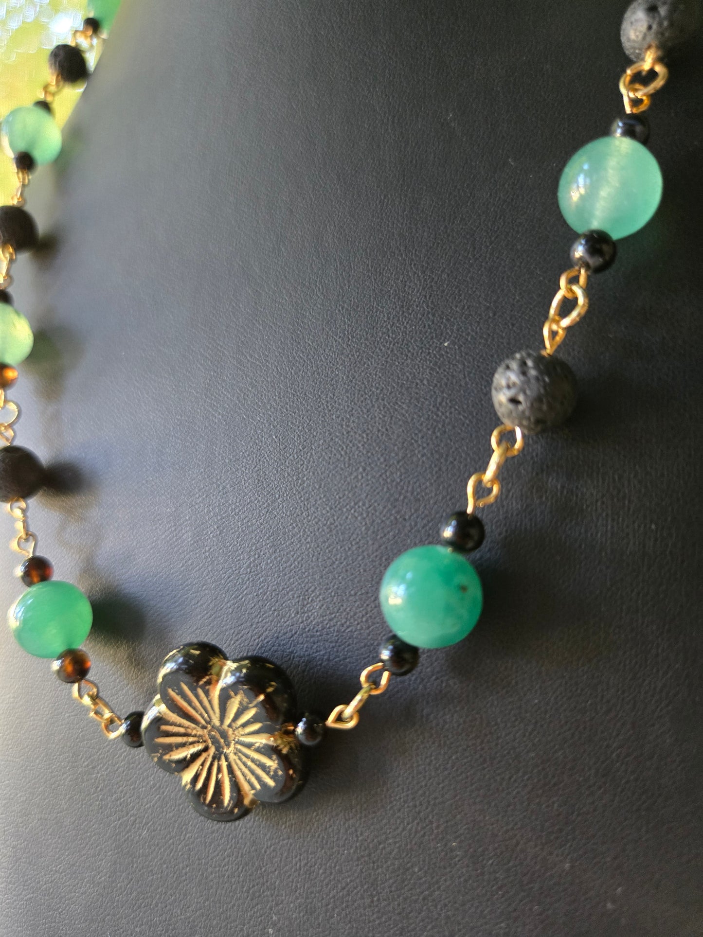 Emerald Eclipse Necklace — Aventurine & Lava Stone with Gold Bloom Accent
