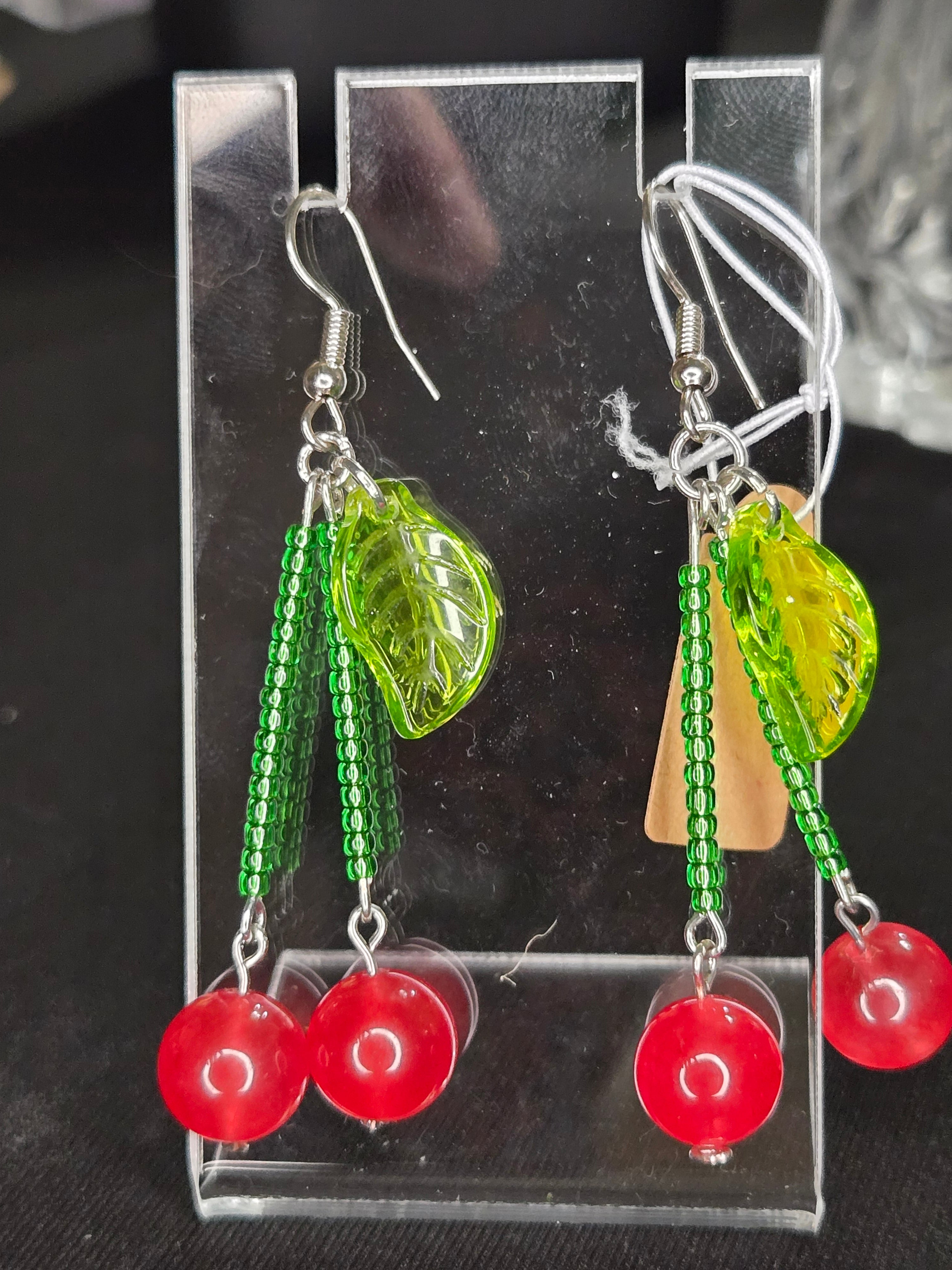 Cherry Dangle Earrings with Glass Leaves