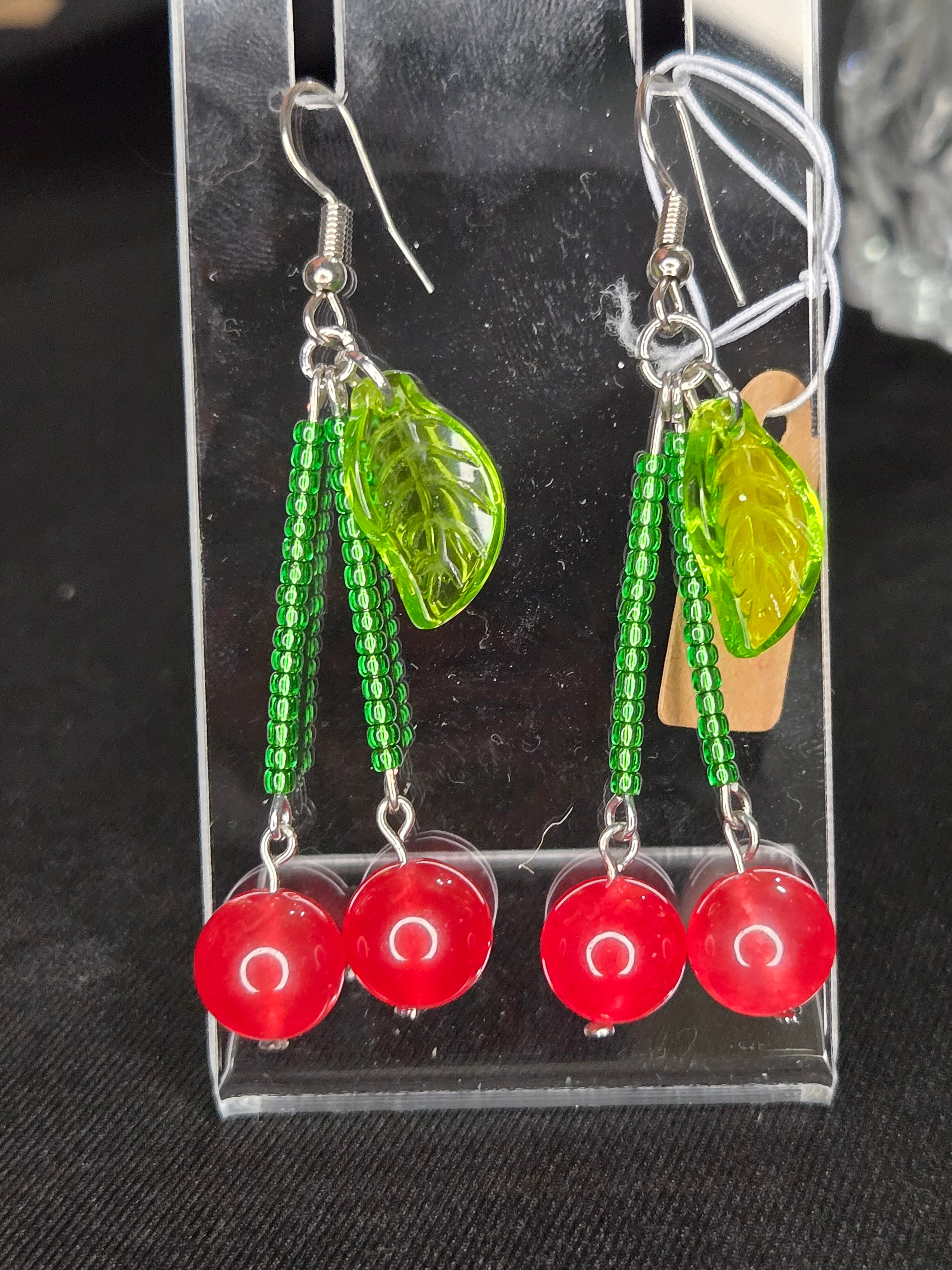 Cherry Dangle Earrings with Glass Leaves