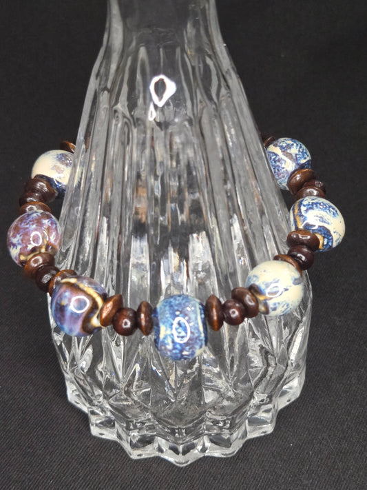 Cerulean Clay Bracelet – Glazed Porcelain & Wooden Accents