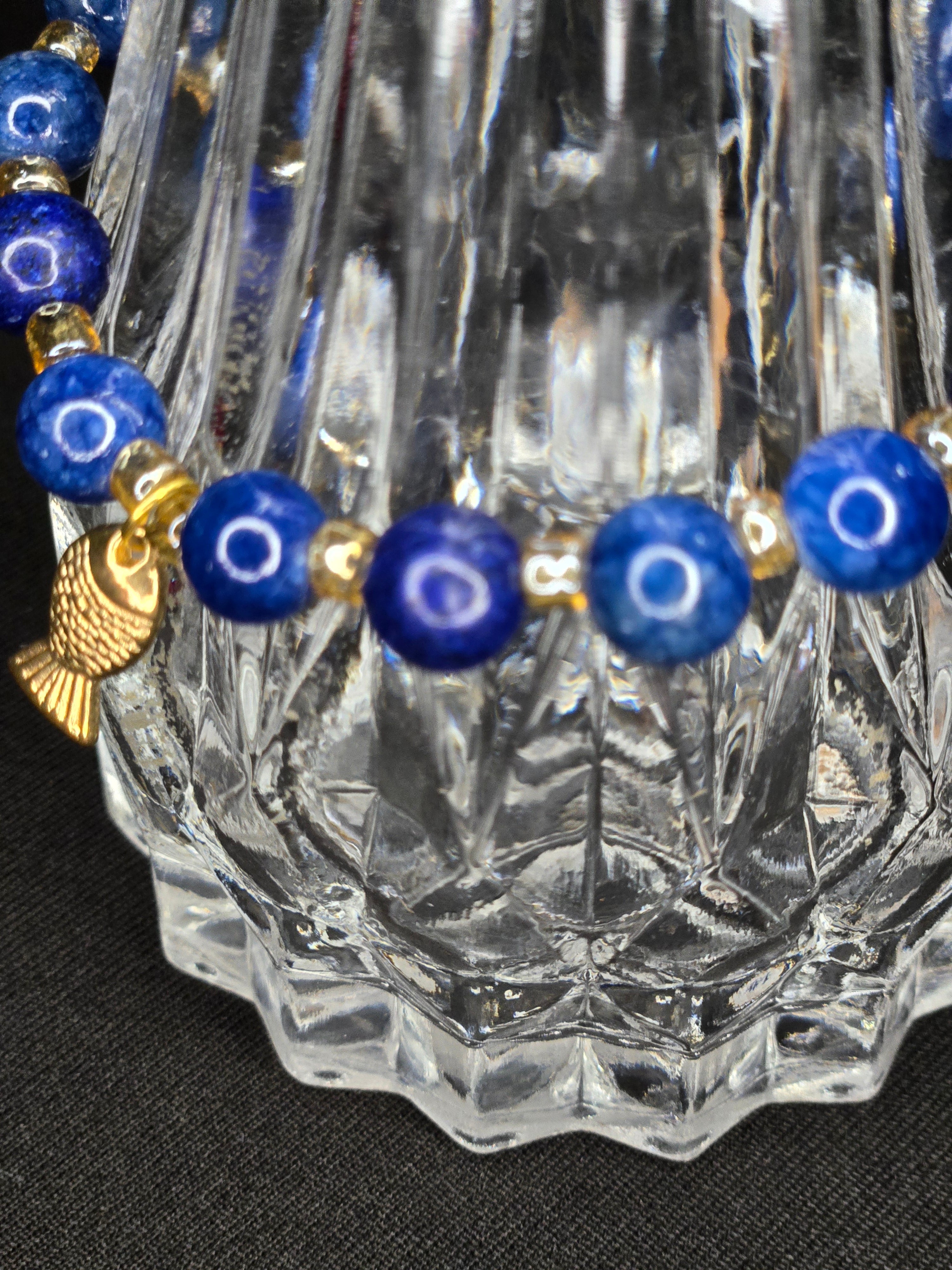 Earthy Mixed Blues Gemstone & Glass Bead Bracelet with Gold Chain