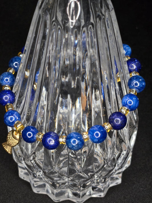 Earthy Mixed Blues Gemstone & Glass Bead Bracelet with Gold Chain