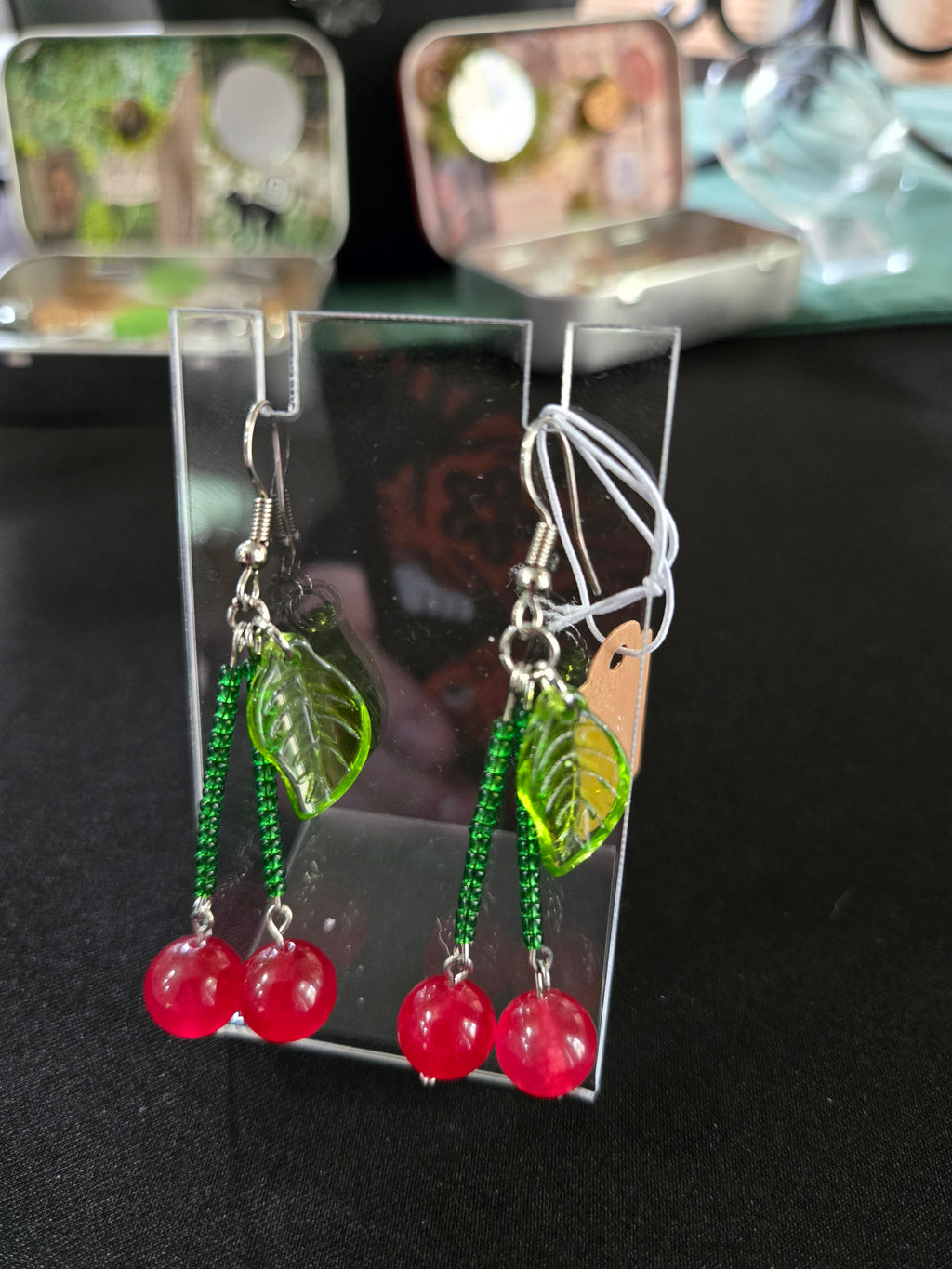 Cherry Dangle Earrings with Glass Leaves