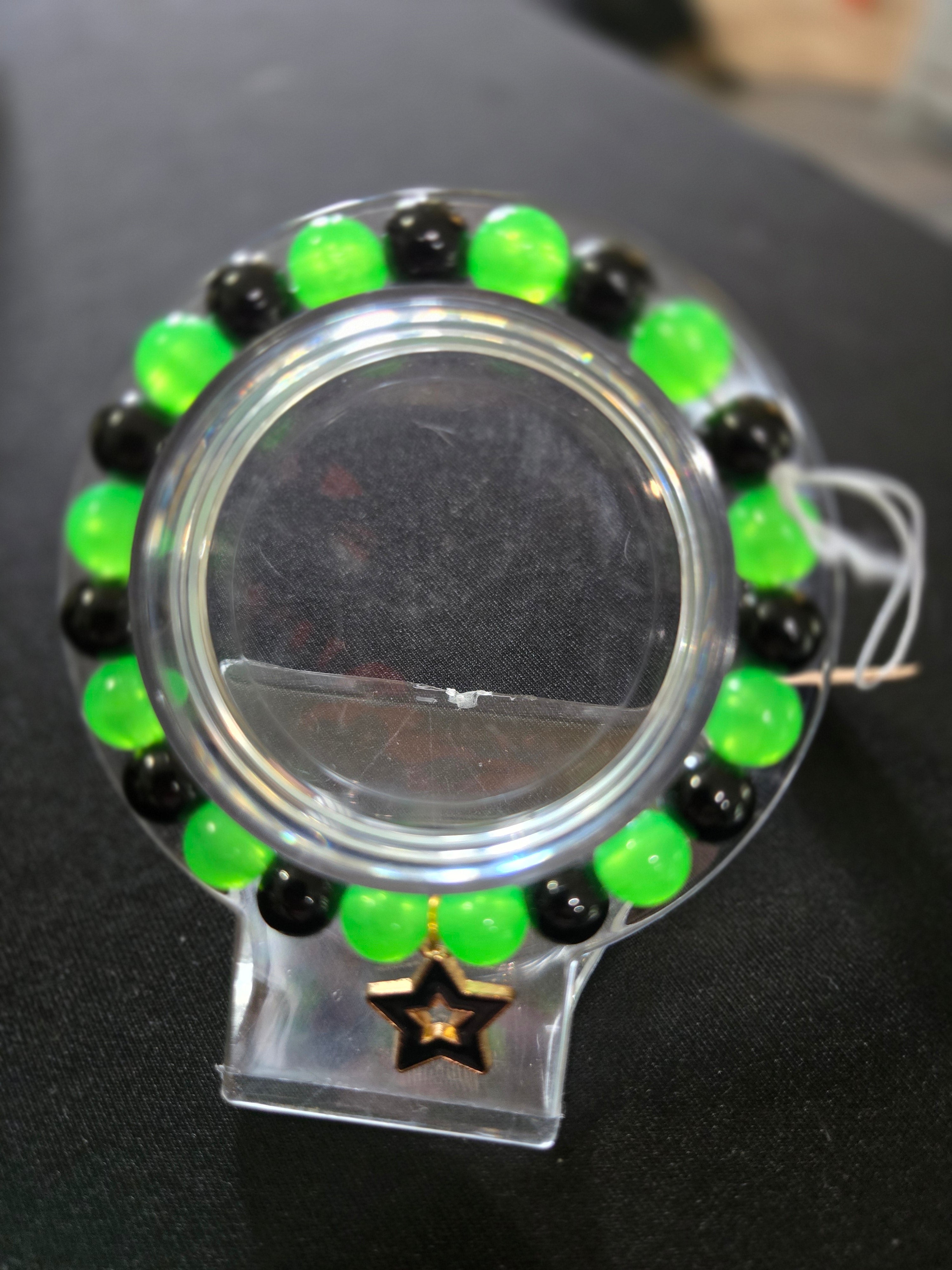 Neon Green & Black Star Charm Beaded Glass Bracelet