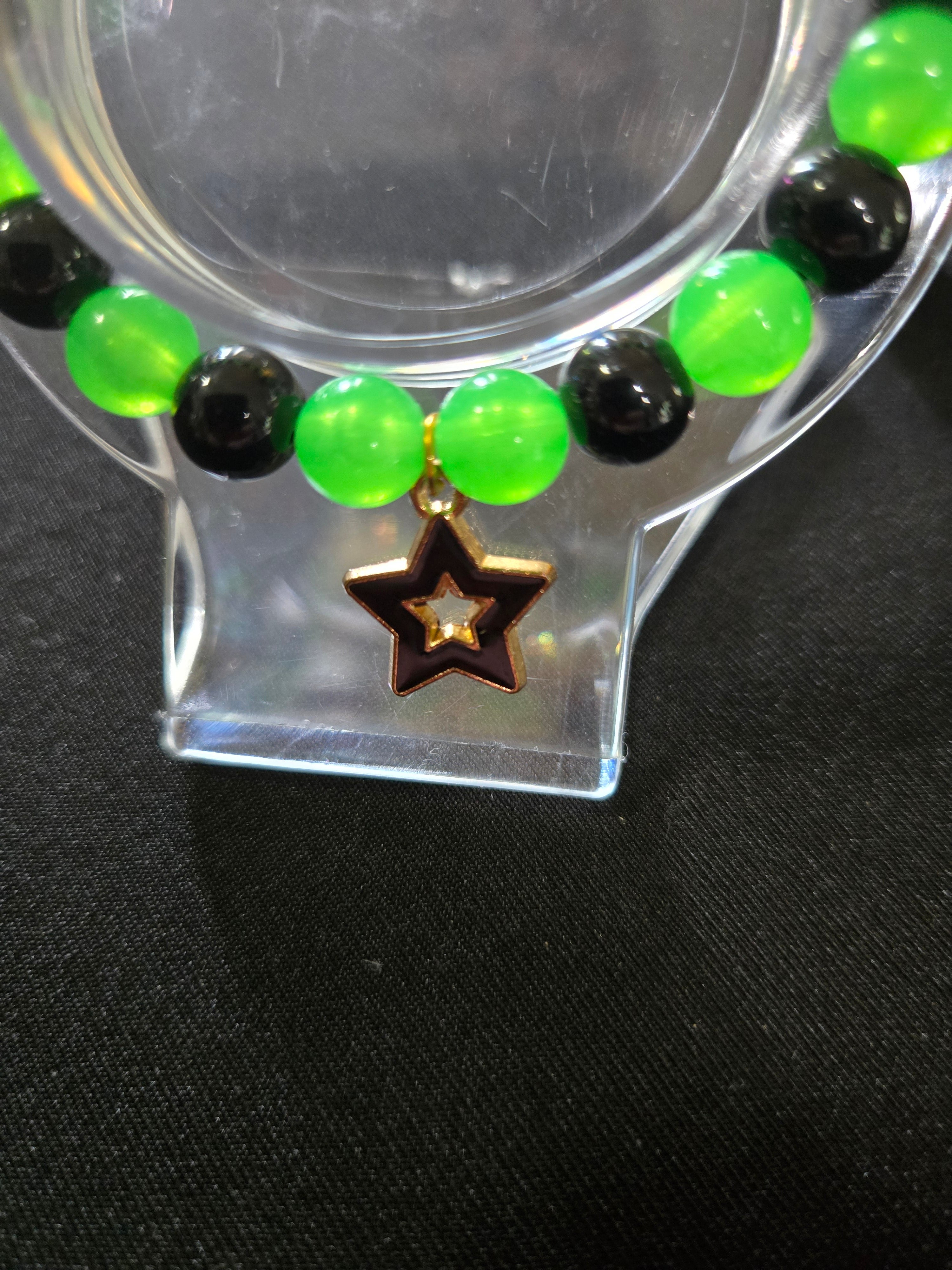 Neon Green & Black Star Charm Beaded Glass Bracelet