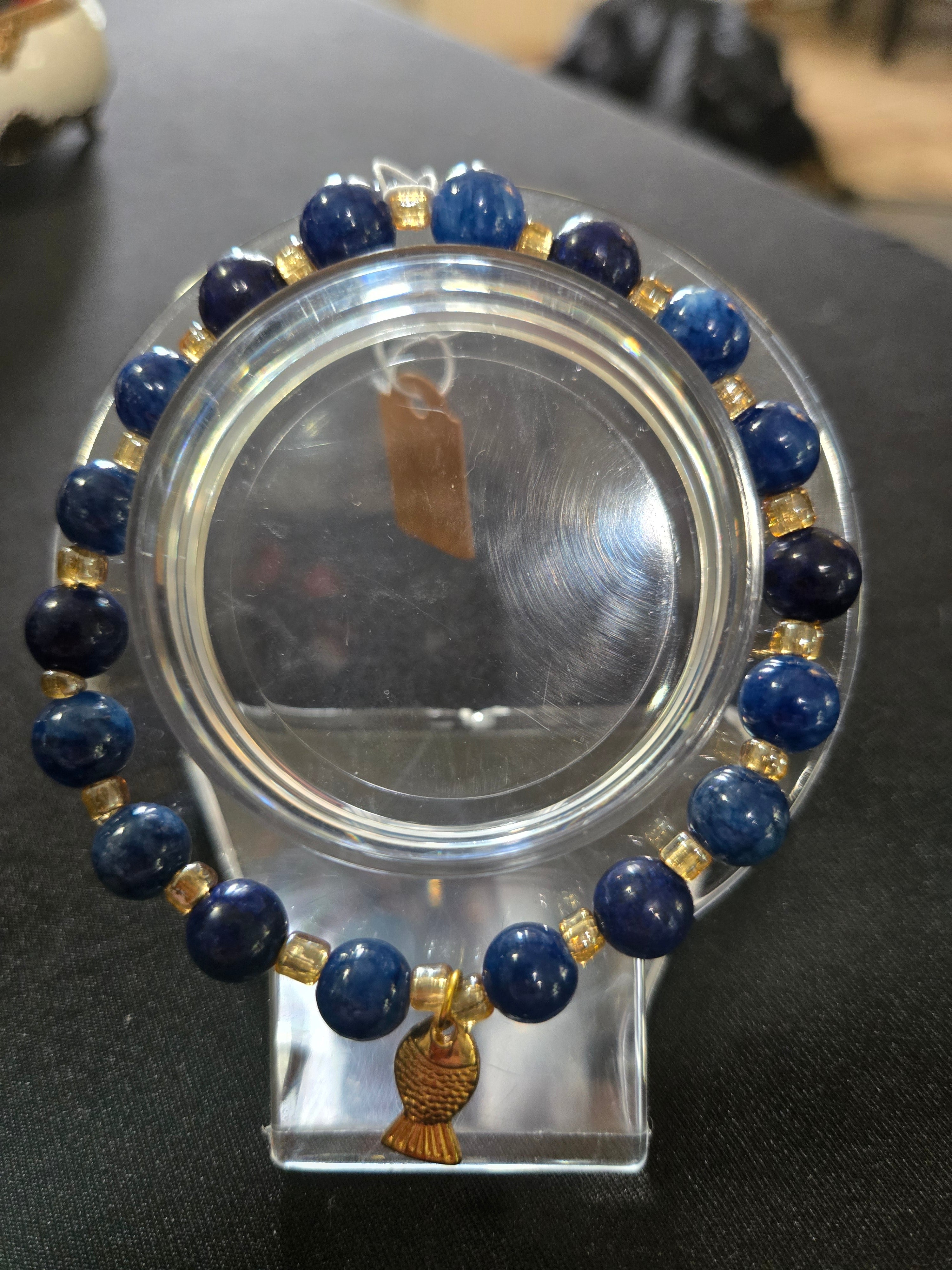 Earthy Mixed Blues Gemstone & Glass Bead Bracelet with Gold Chain