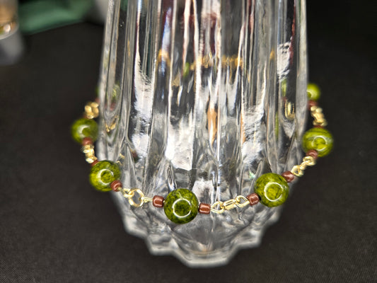 Olive Green Ceramic Bead Bracelet with Gold Accents