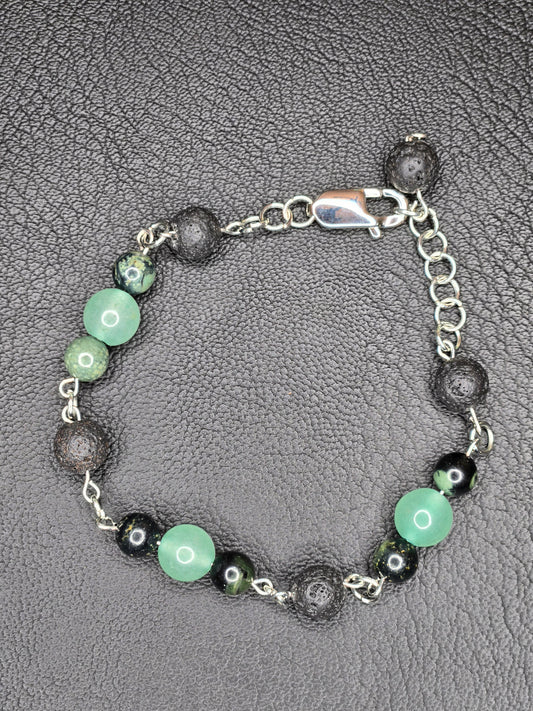 Emerald Flame Gemstone Bracelet – Green Aventurine, Lava Stone & Obsidian