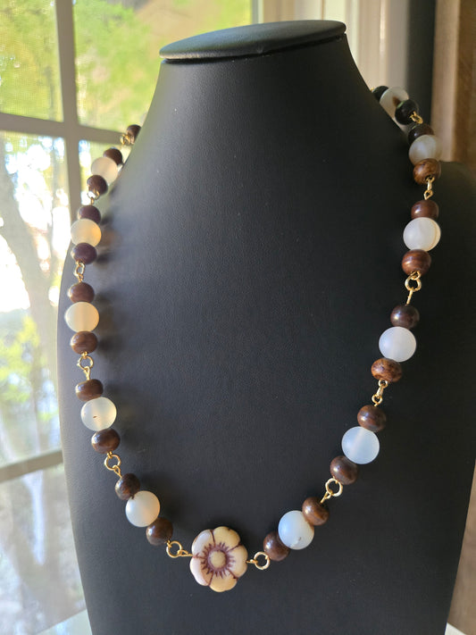 Golden Meadow Necklace — Frosted Agate & Wood Beads with Vintage Floral Centerpiece