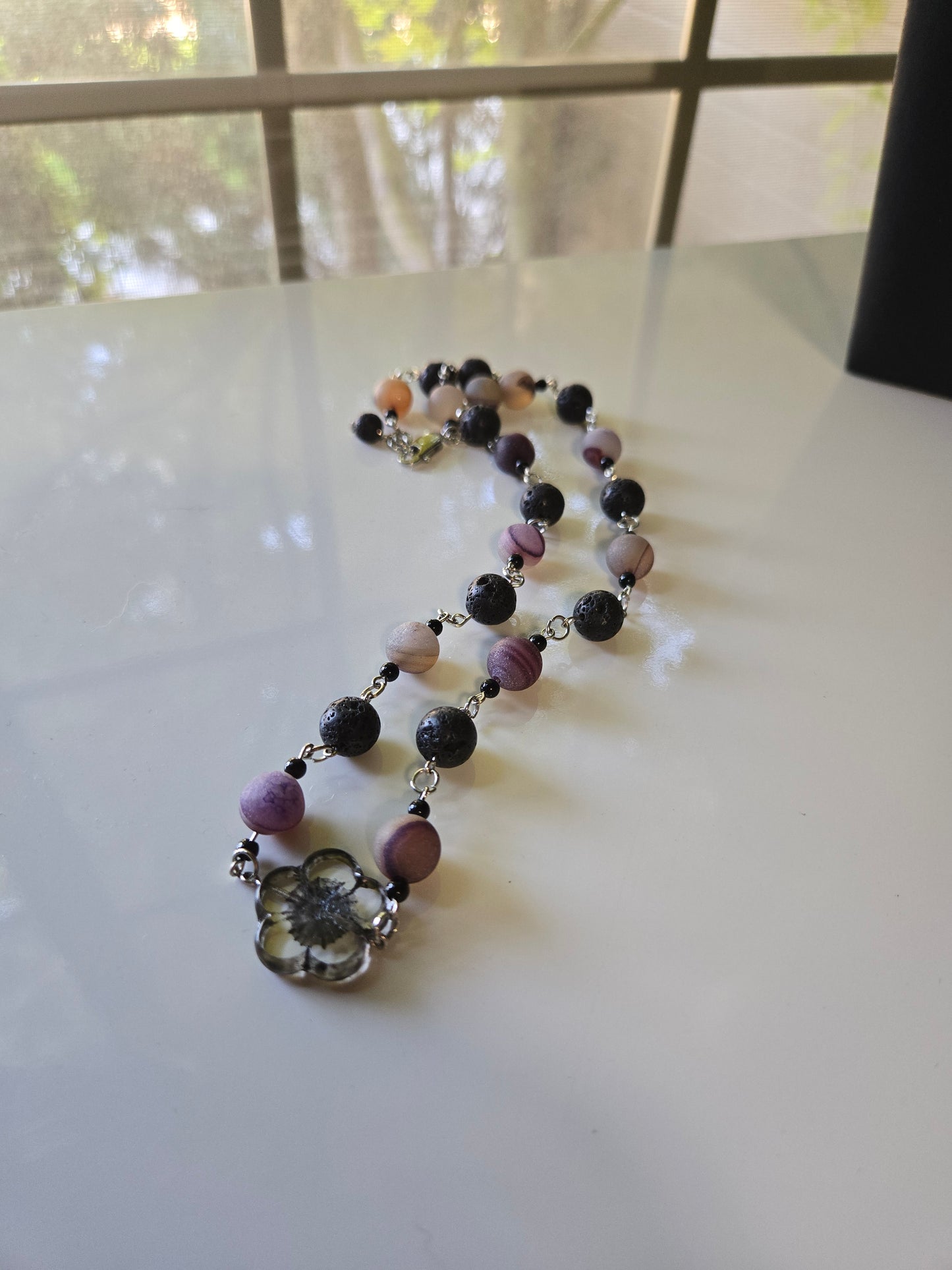Amethyst Drift Necklace – Lava Stone & Frosted Violet Bead Chain