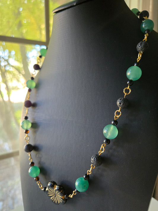 Emerald Eclipse Necklace — Aventurine & Lava Stone with Gold Bloom Accent