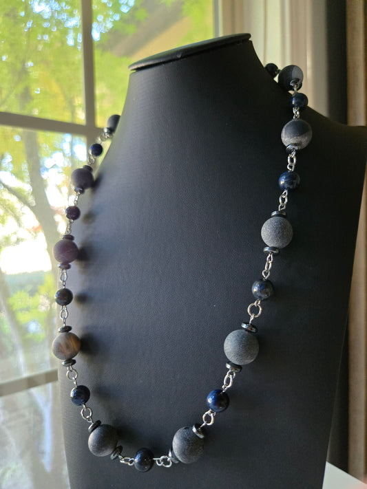 Midnight Orbit Necklace — Matte Stone & Lapis Chain