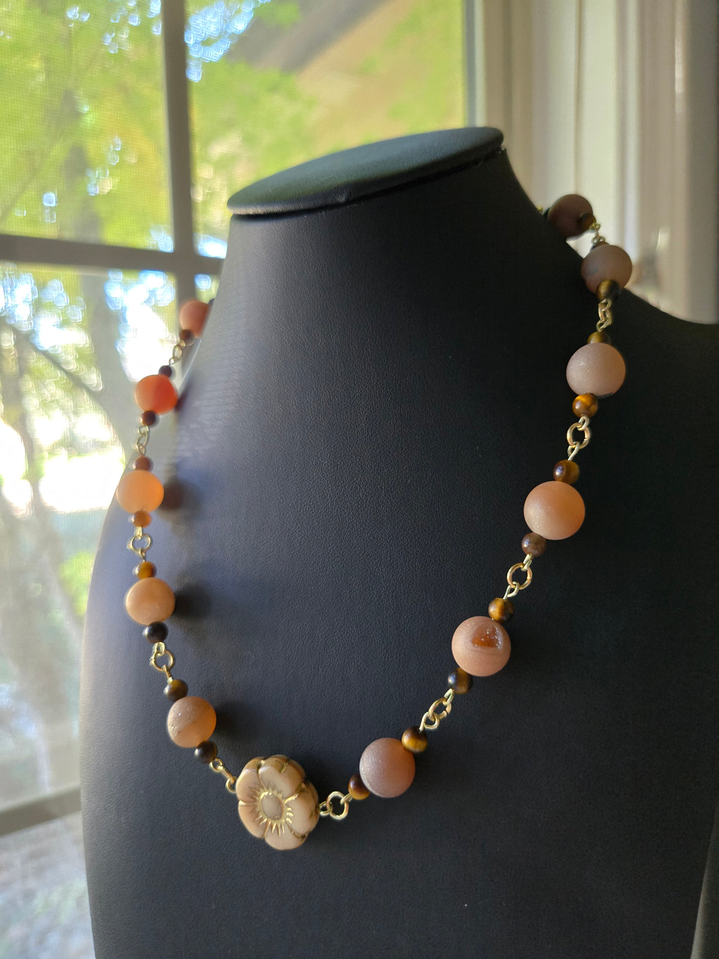 Autumn Glow Beaded Necklace with Sandy Jade Flower