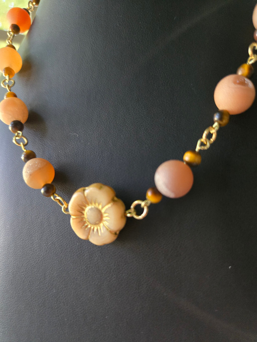 Autumn Glow Beaded Necklace with Sandy Jade Flower