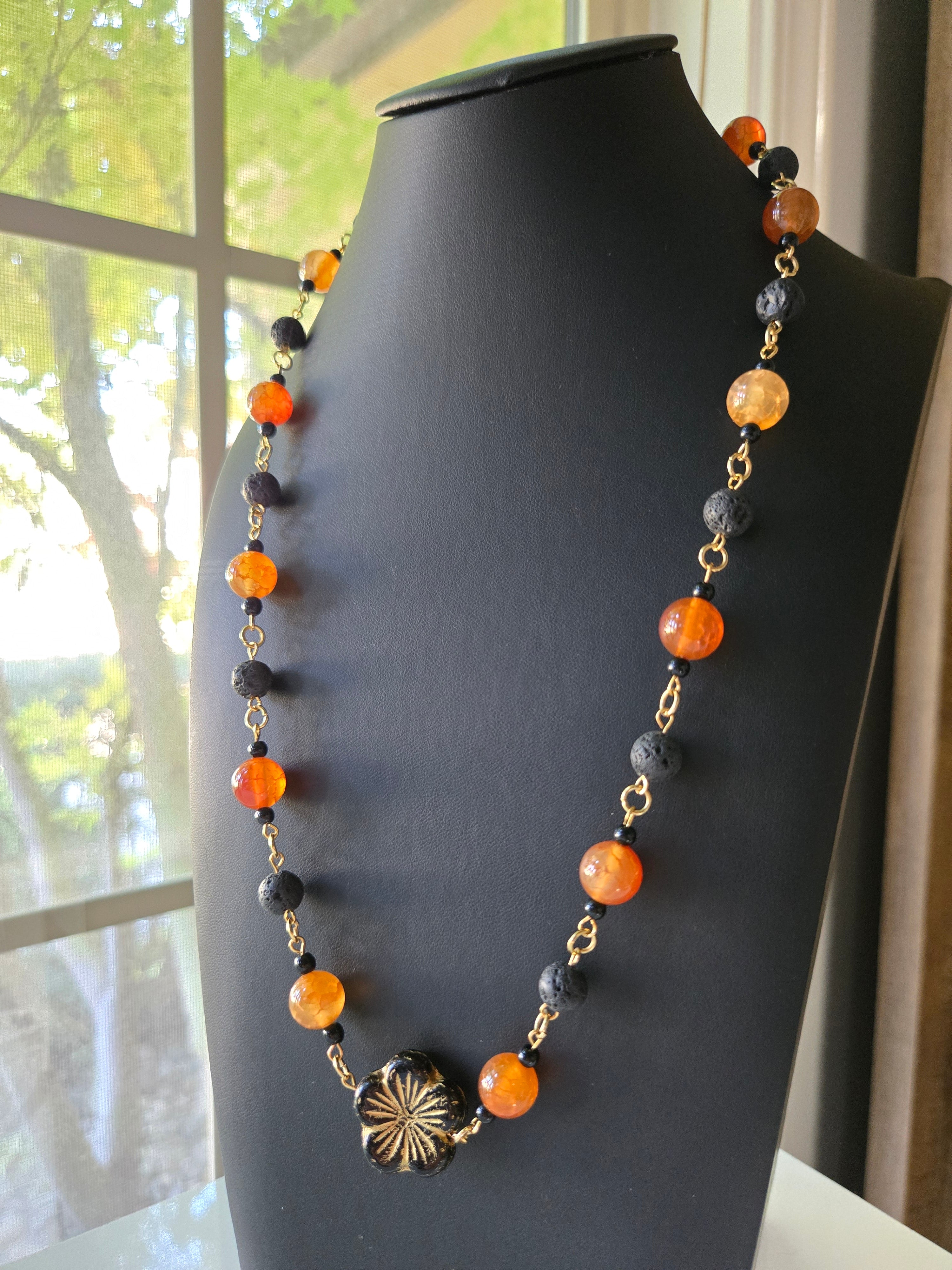 Autumn Glow Beaded Necklace with Bronze Jade Flower