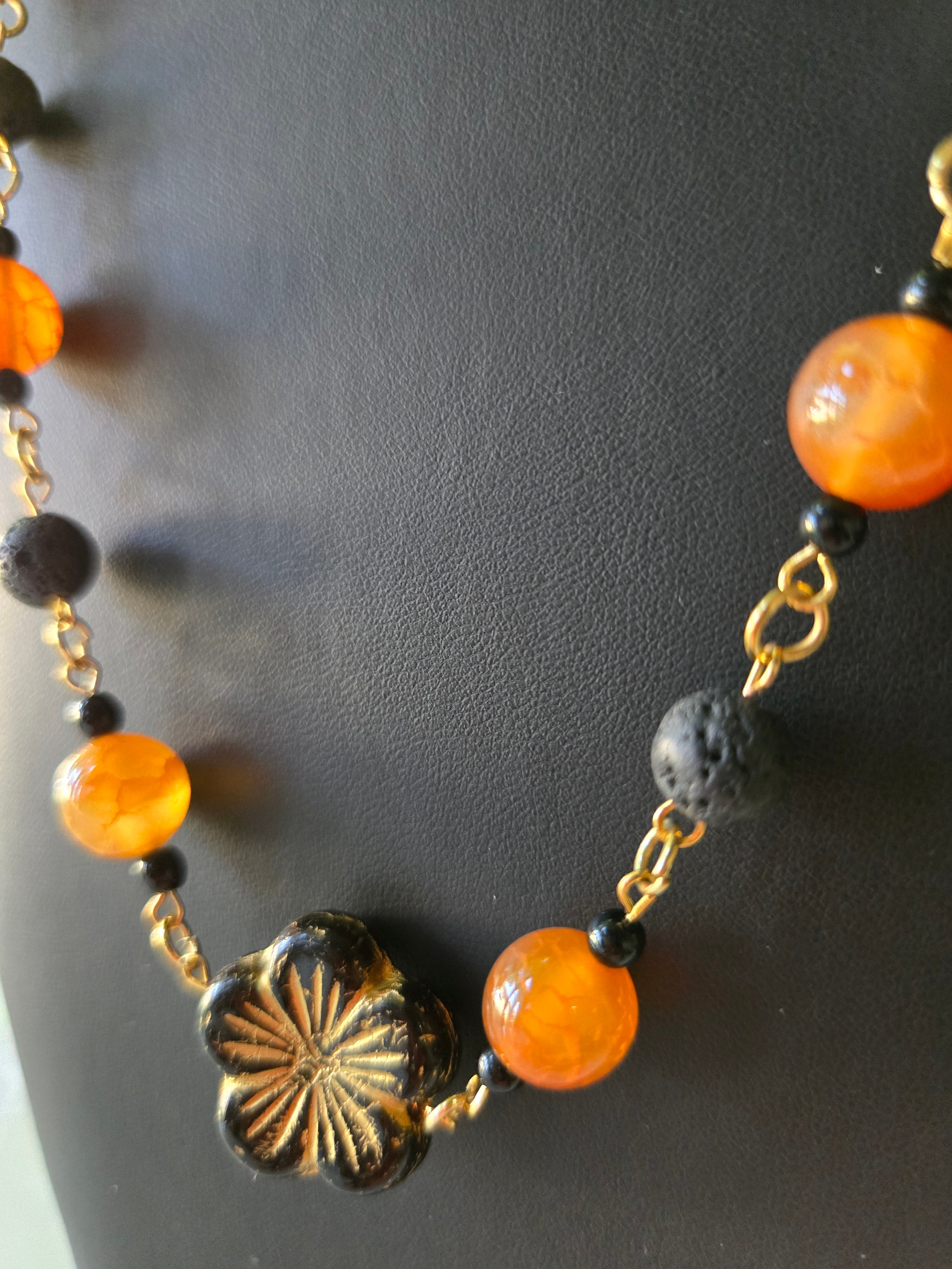 Autumn Glow Beaded Necklace with Bronze Jade Flower
