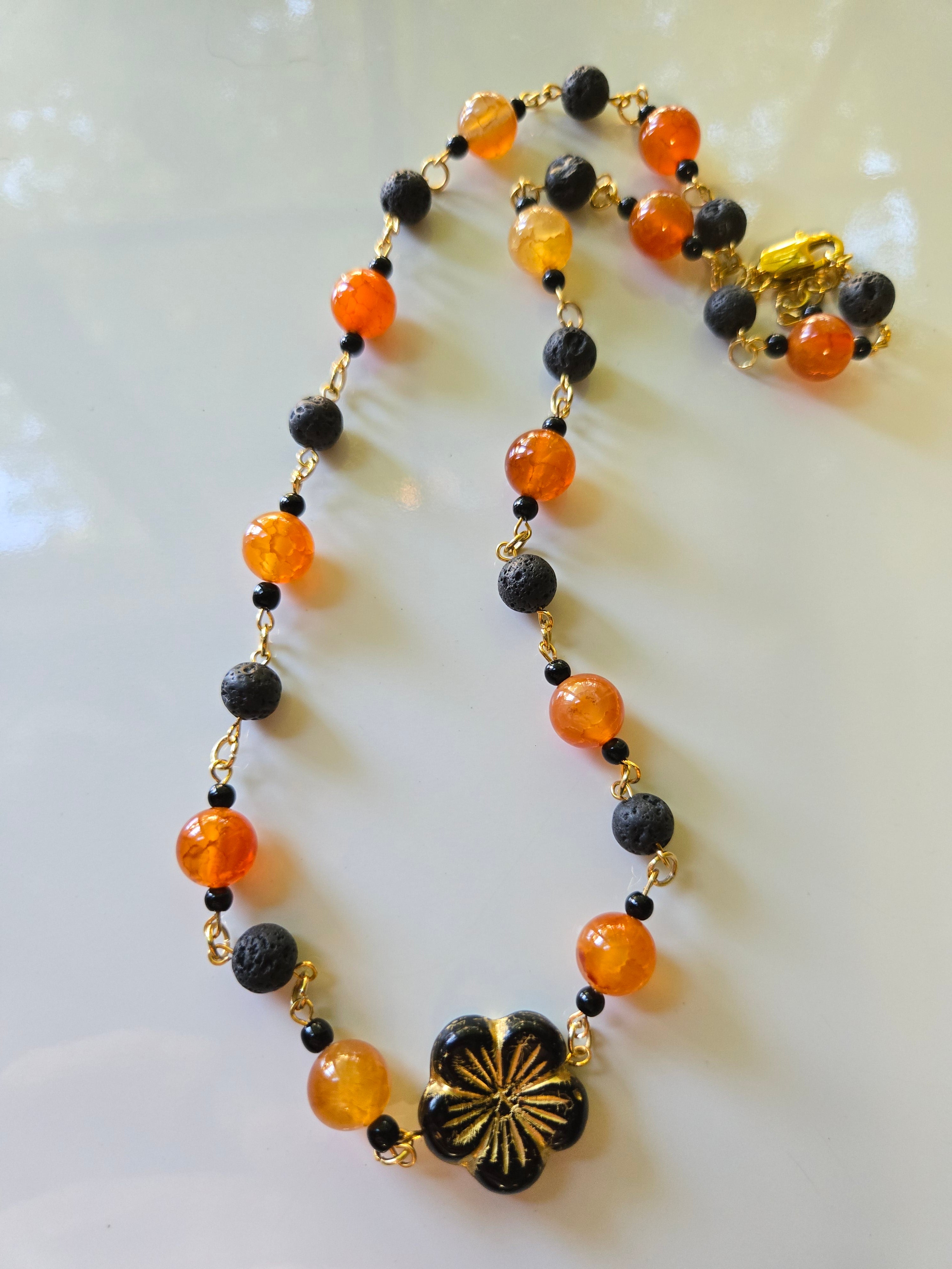 Autumn Glow Beaded Necklace with Bronze Jade Flower