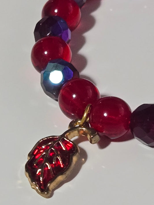 Crimson Bloom Bracelet – Ruby Glass Beads & Golden Leaf Charm