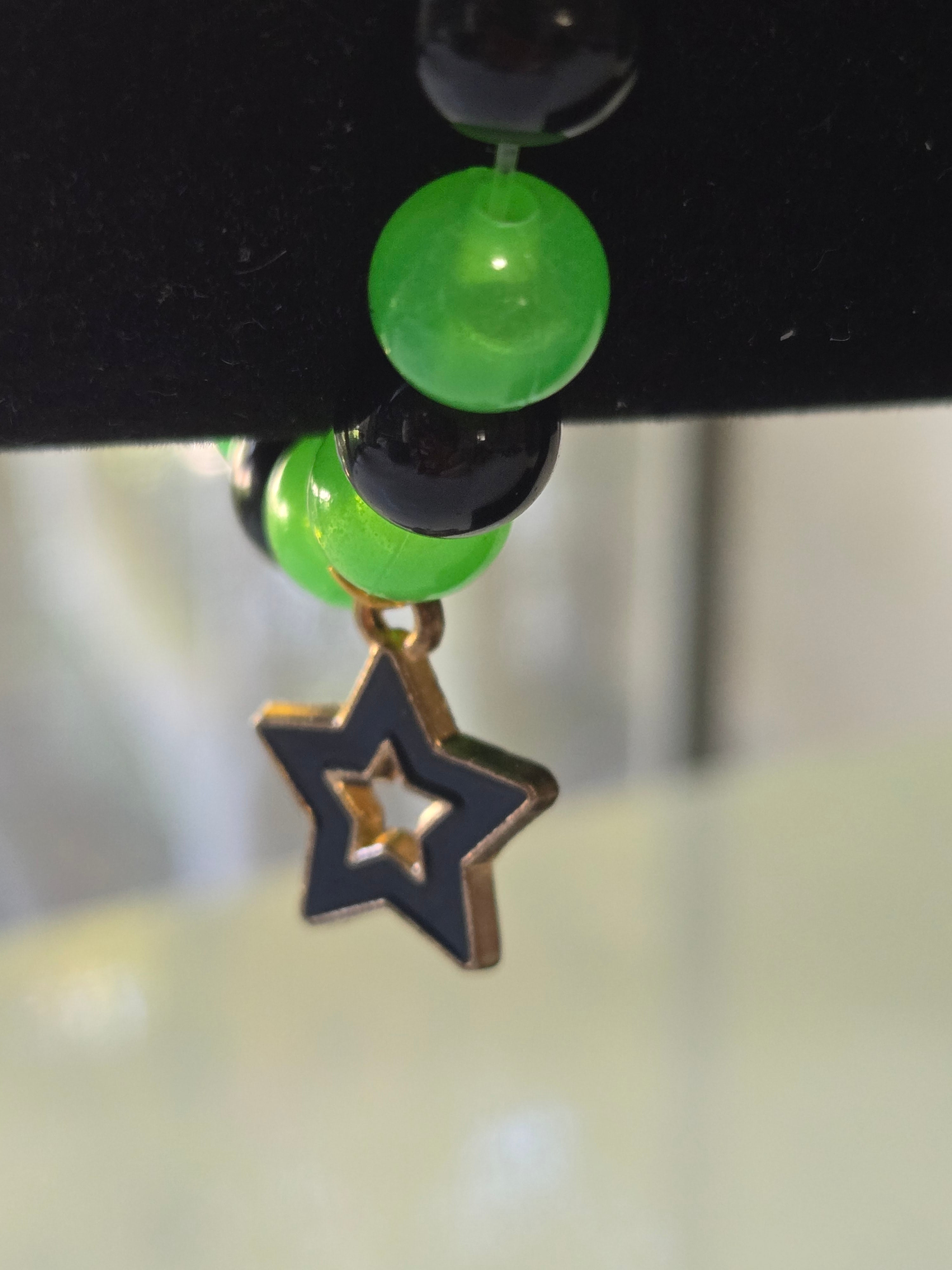 Neon Green & Black Star Charm Beaded Glass Bracelet