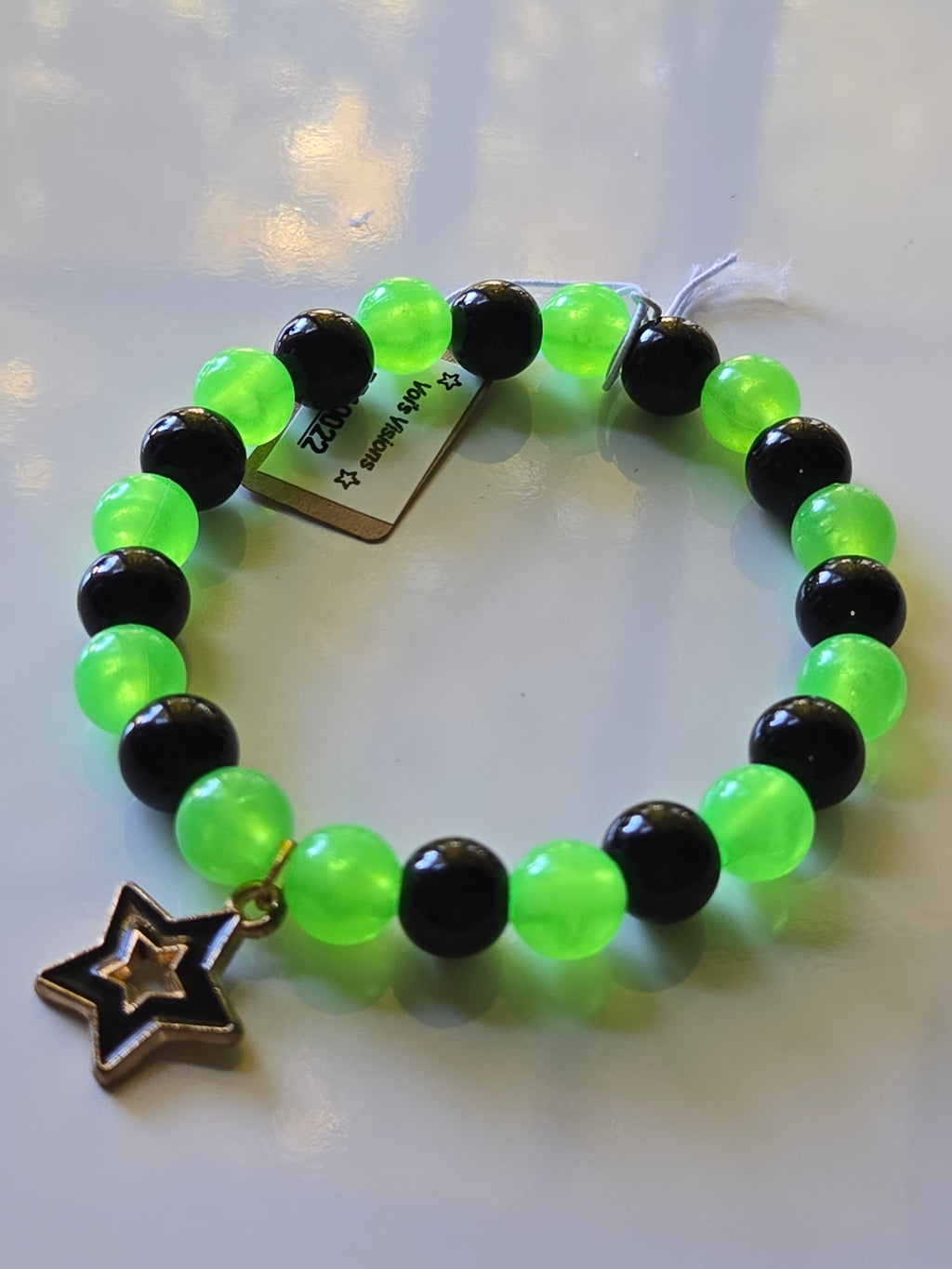 Neon Green & Black Star Charm Beaded Glass Bracelet