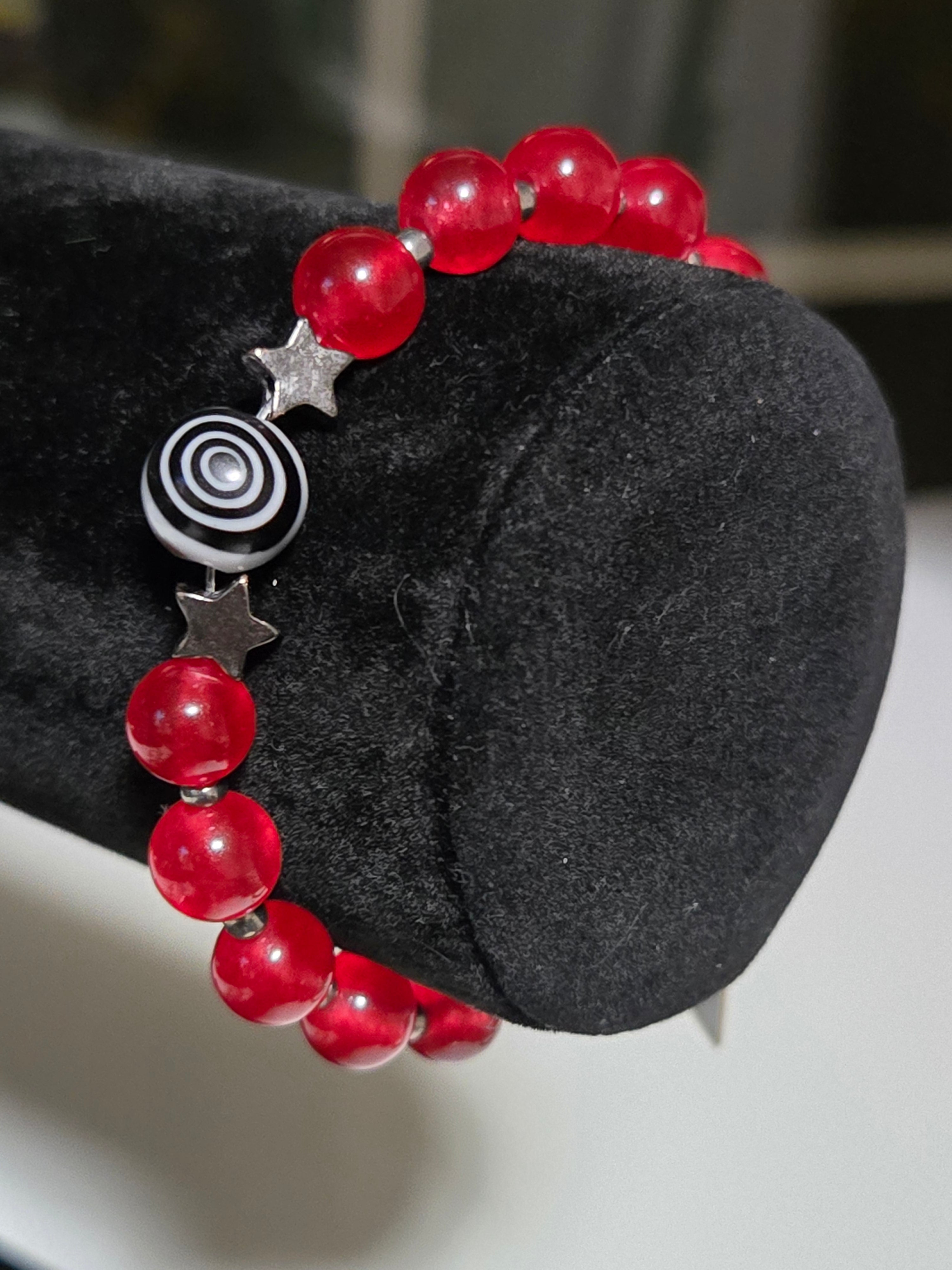 Red Galaxy Swirl & Star Charm Beaded Bracelet