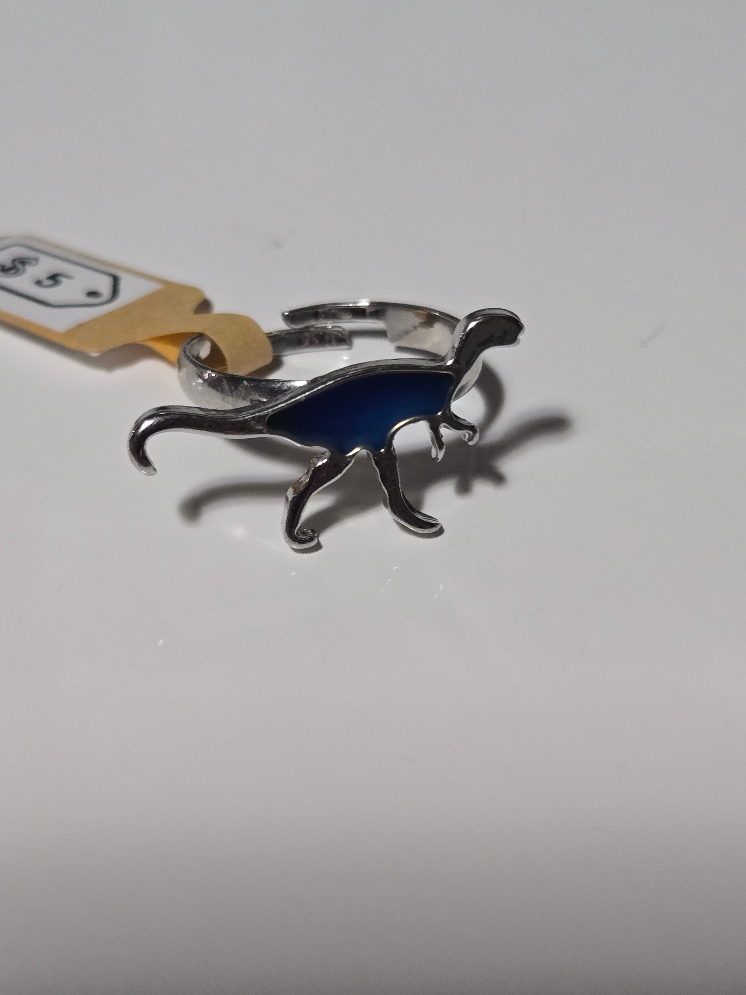 🦕 Prehistoric Charm Ring — Silver Dinosaur with Blue Enamel Accent