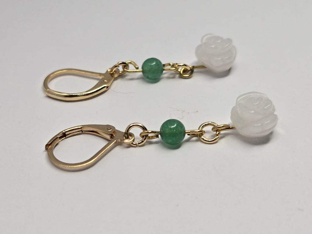 White Rose & Green Jade Garden Drop Earrings