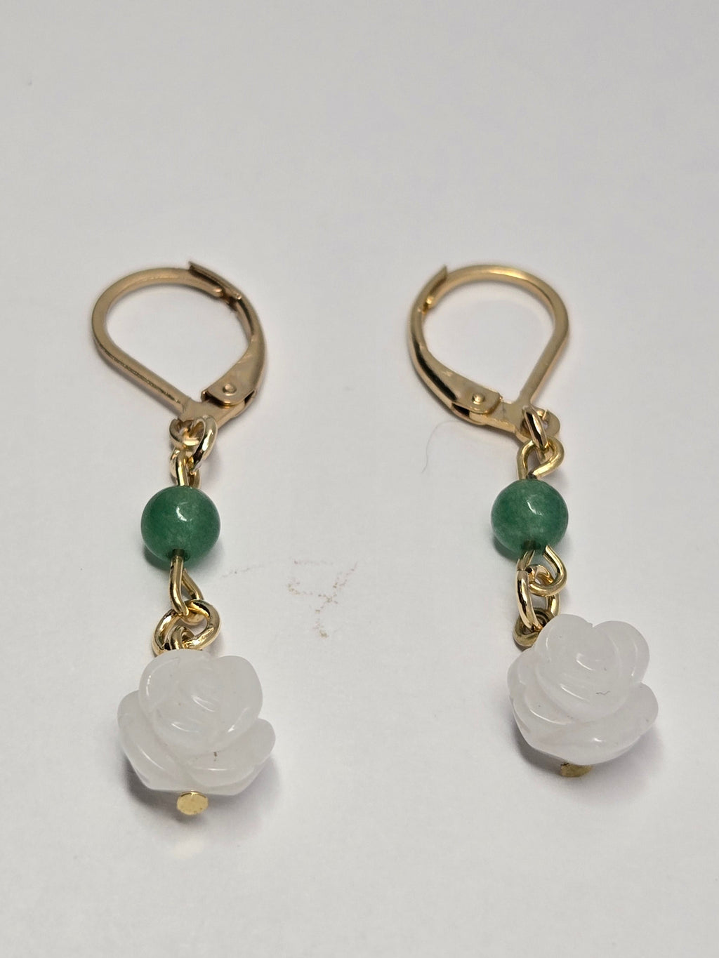 White Rose & Green Jade Garden Drop Earrings