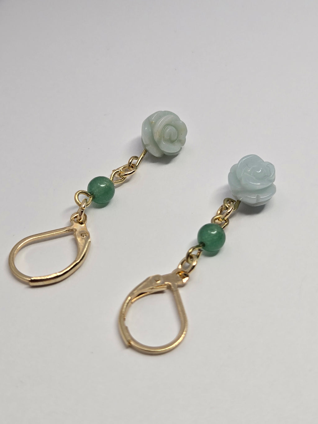 Mint Carved Rose & Jade Drop Earrings