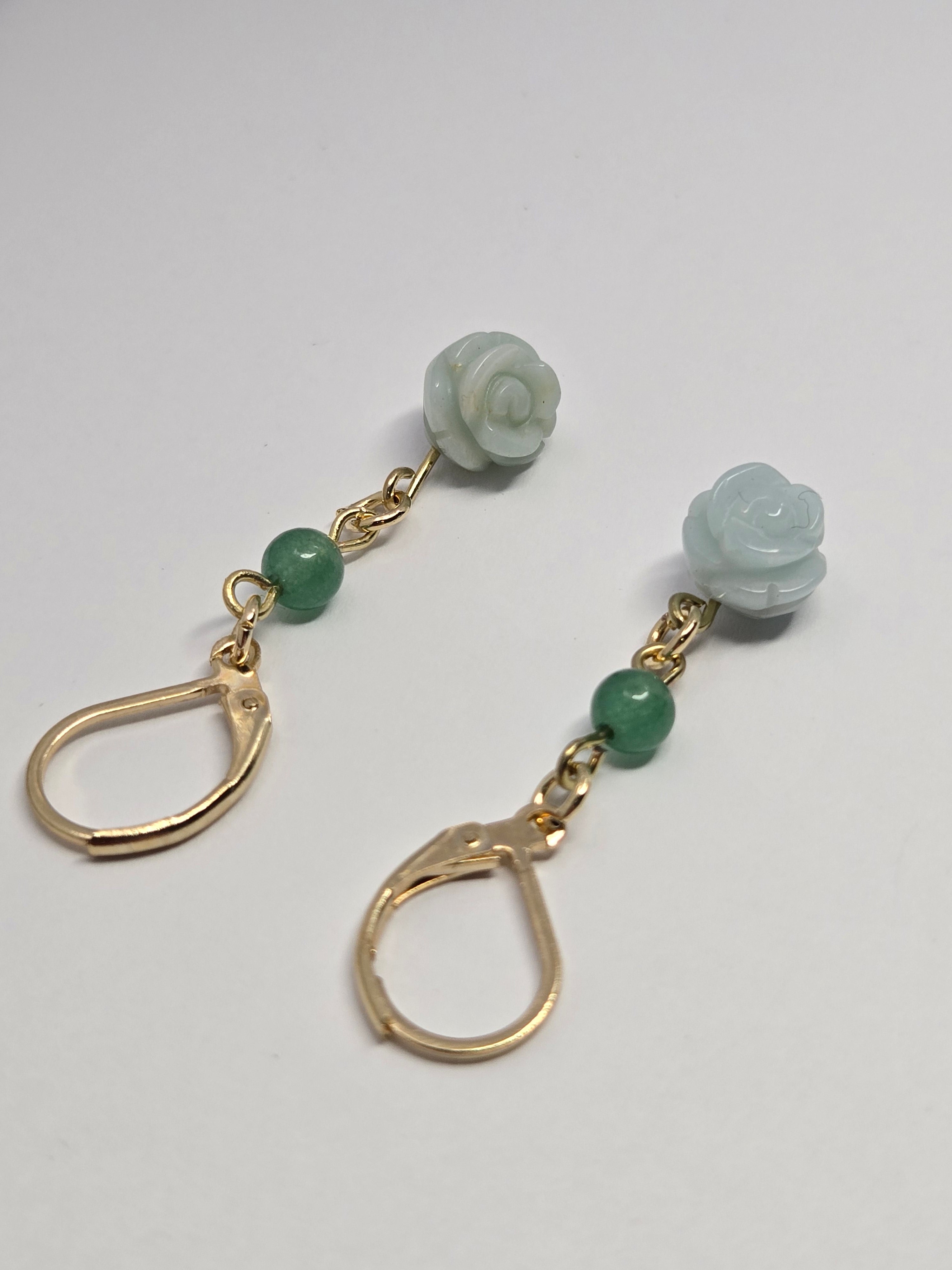 Mint Carved Rose & Jade Drop Earrings