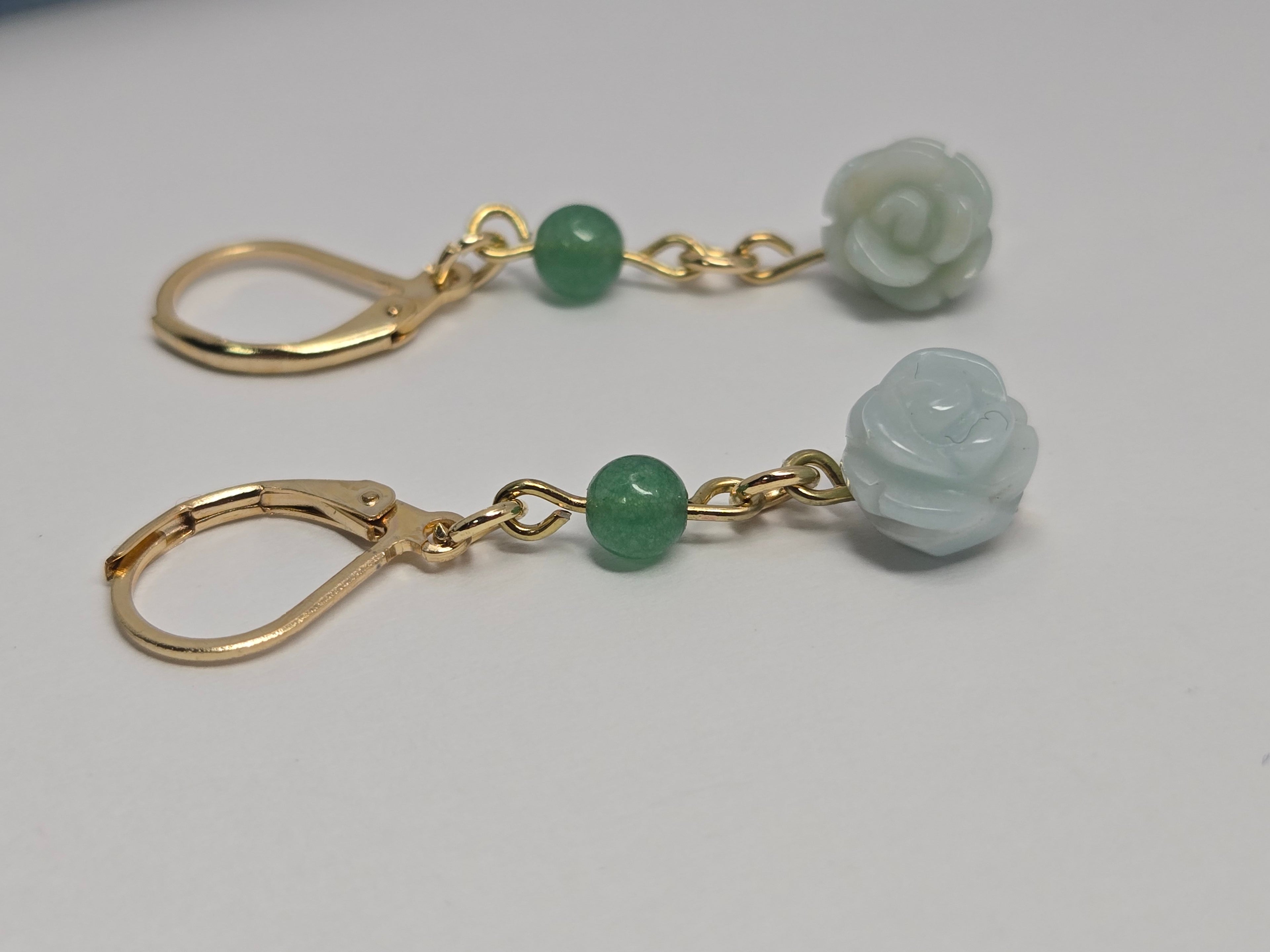 Mint Carved Rose & Jade Drop Earrings