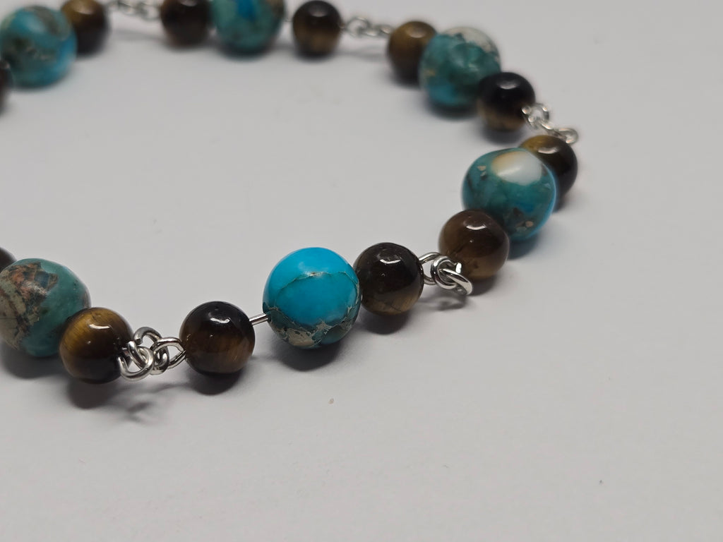 Turquoise Earth + Tigers Eye Bracelet — Silver Linked Gemstone Chain