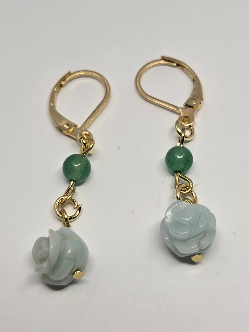 Mint Carved Rose & Jade Drop Earrings