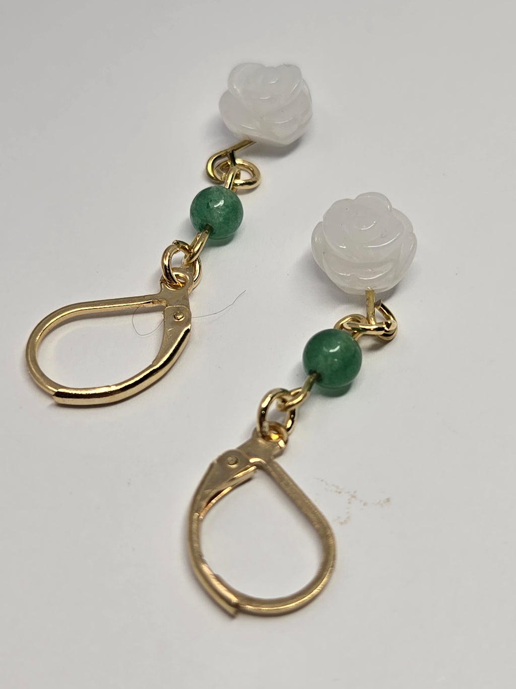 White Rose & Green Jade Garden Drop Earrings